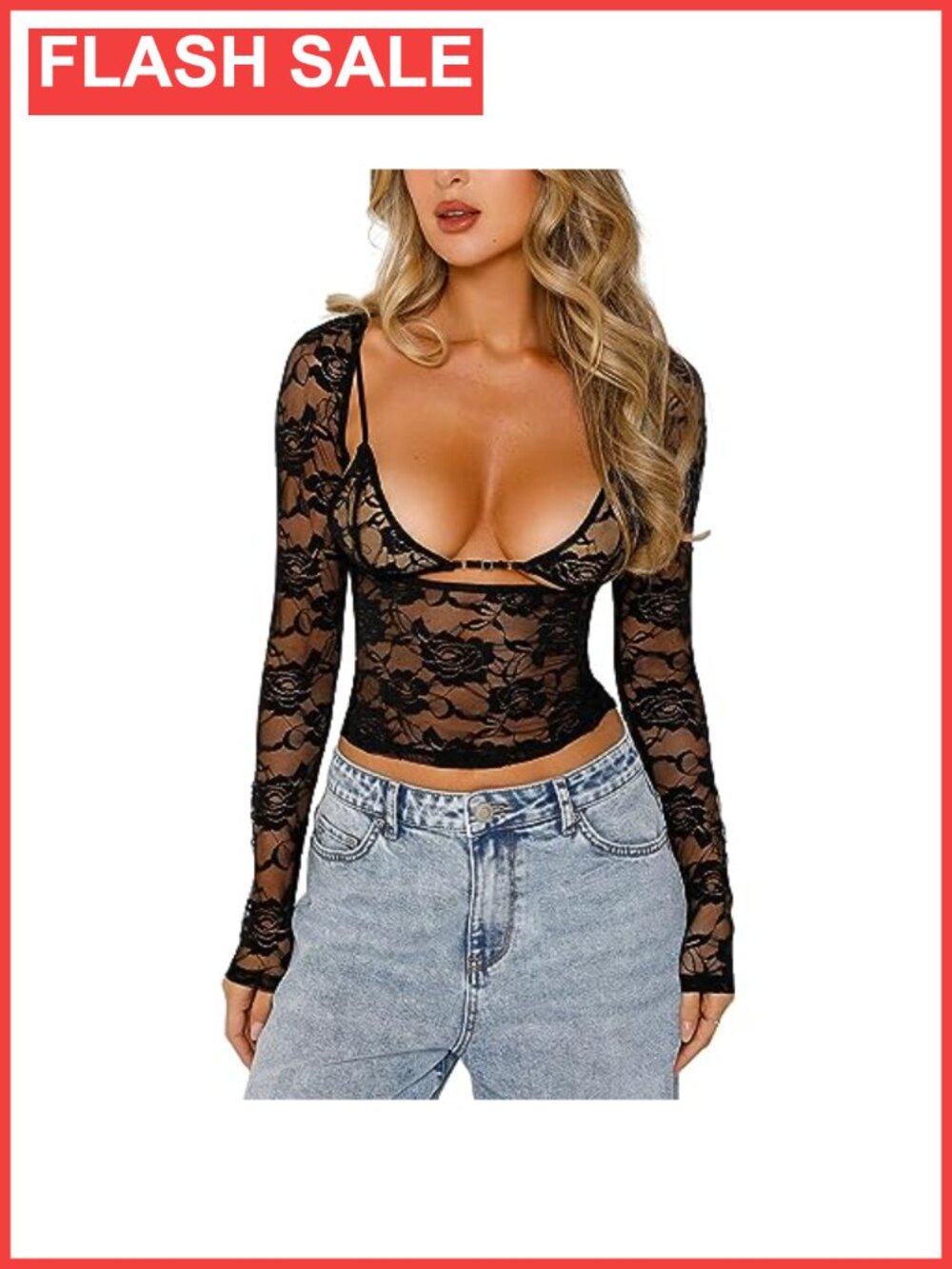 Women Y2K Floral Lace Long Sleeve Mesh Top Sexy Going Out Crop Tee